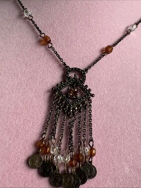 Bronze-Tone Amber Bead Fringe Pendant Necklace